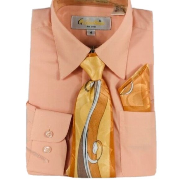 Gian Mario Boys Peach Dress Shirt Clip-on Peach Brown Tie Hanky Sizes 4 or 20 - Picture 3 of 3